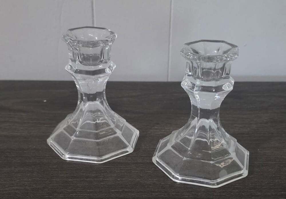 Clear Glass Faceted Taper Candle Holders Set of 2